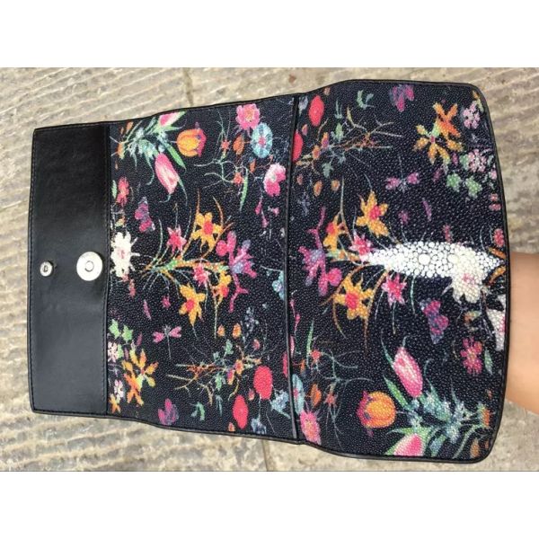 Authentic Stingray Skin Female Long  Flower Trifold Wallet Genuine Leather Lady Large Clutch Bag Women Floral Coin Purse