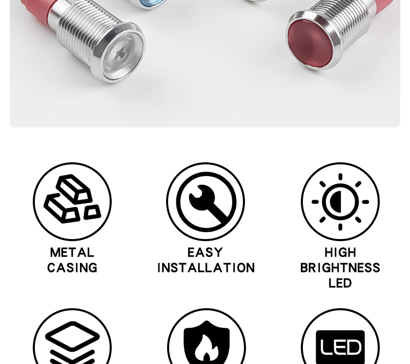 10MM Metal Indicator Light Waterproof High-Brightness LED With Wire Power Signal 6V 24V 220V Yellow Green Red Blue White