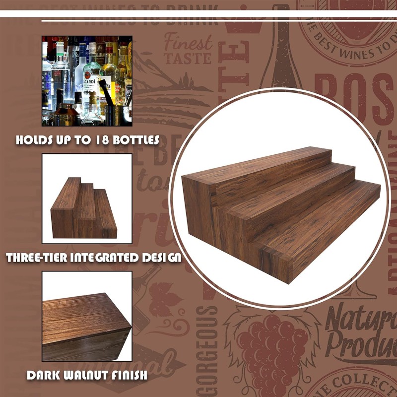 Three Tier Vintage Wine Rack Solid Wood Stepped Display Cabinet for Wine Bottle Storage Home Bar Organizer