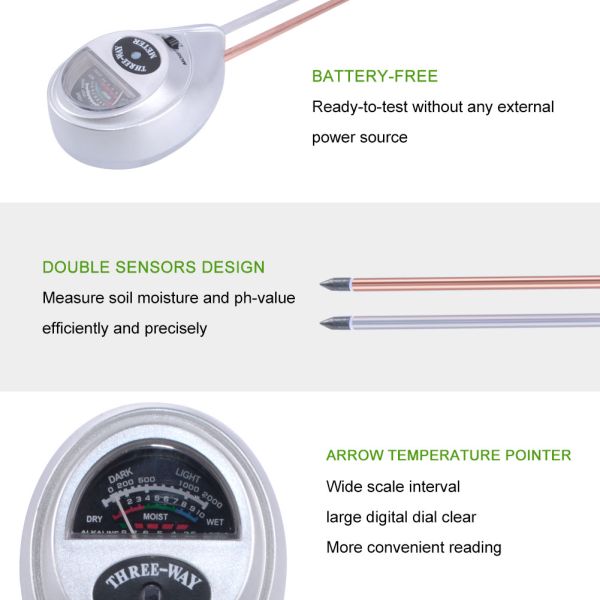 3 in 1 Soil PH Water Moisture Meter Acidity Humidity Sunlight Garden Plants Flowers Moist Tester Instrument Tool