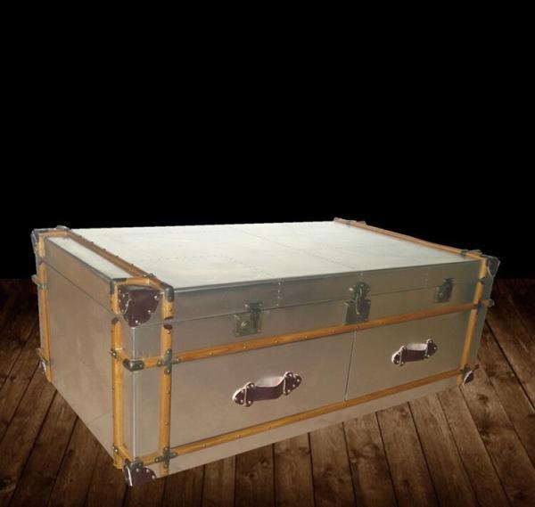 Industrial aviator metal trunk coffee table Aluminium antique steamer trunk silver old trunk table with drawers