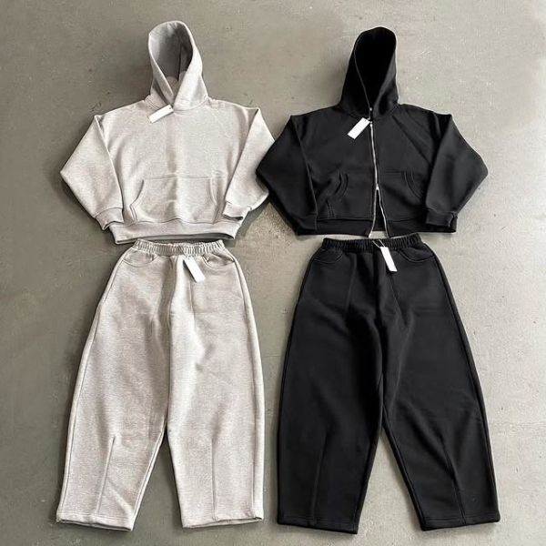Wholesale High Quality Blank Casual Zip up Sweatsuit Custom Boxy Terry Neoprene Tracksuit Flared Sweatpants and Hoodie Sets