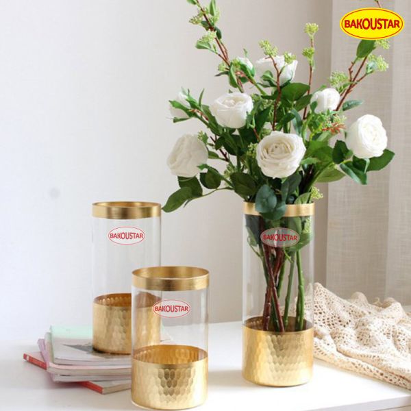 Polished Gold Hammer Straight Tube Decorative Glass Vases