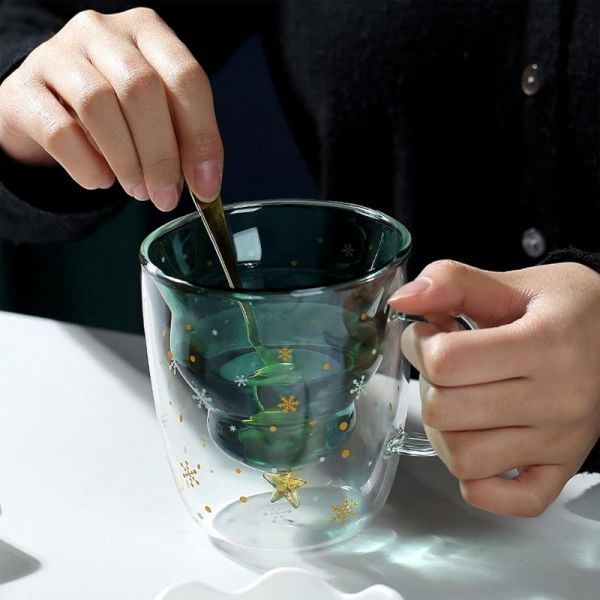 Nordic Design Double Wall Glass Mug Merry Christmas Santa Tree Coffee Mug 300ml