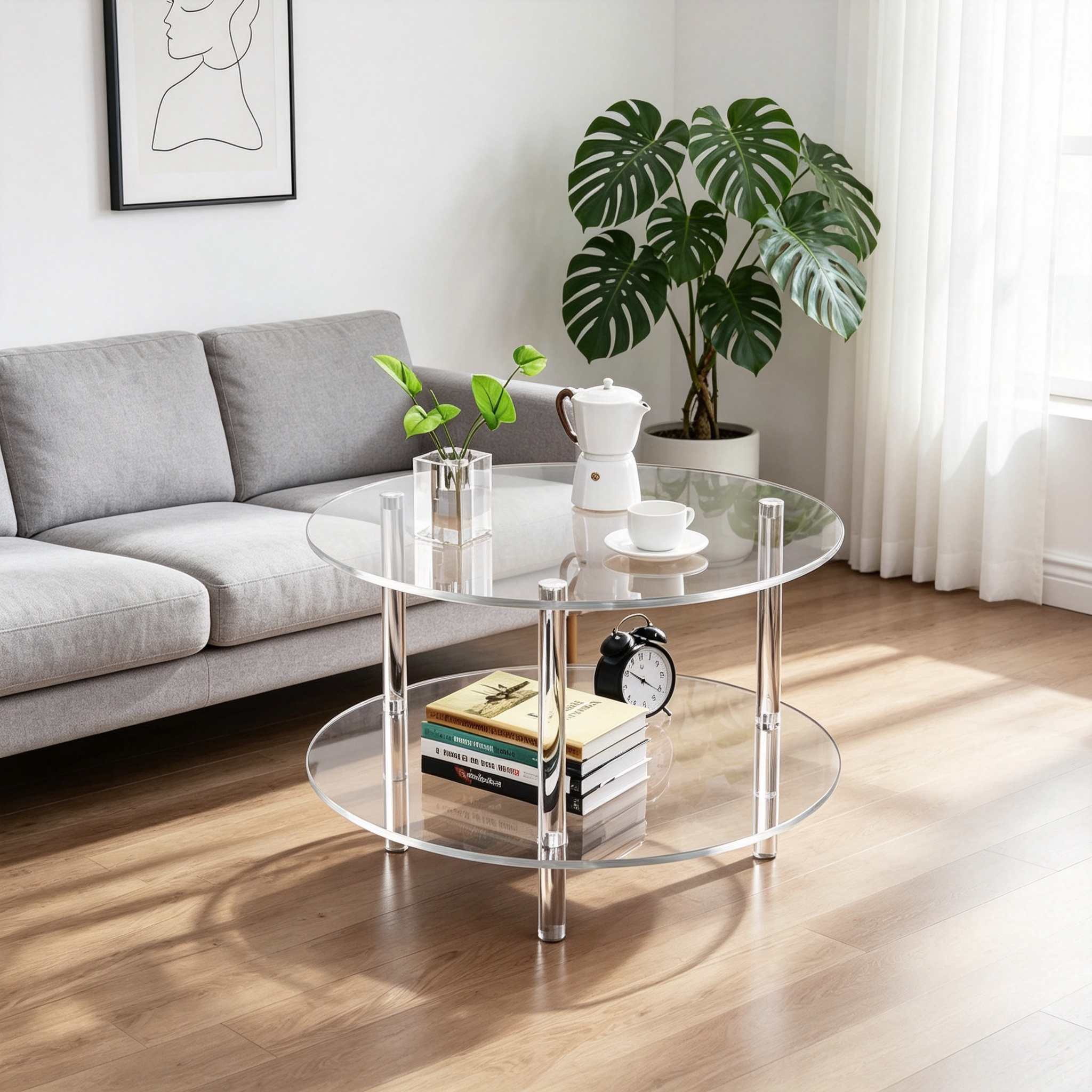 2-Tier Round Clear Acrylic Coffee Table, Modern Transparent Living Room Table