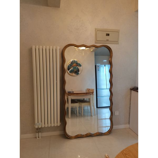 Wavy Beveled Floor Mirror Wood Frame 600mm For Modern Bedroom Decoration