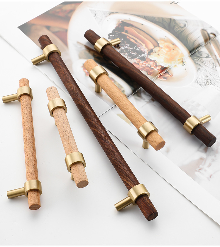Nordic Gold Minimalist Beech Wood Cabinet Door Handle with Long Brass Pull