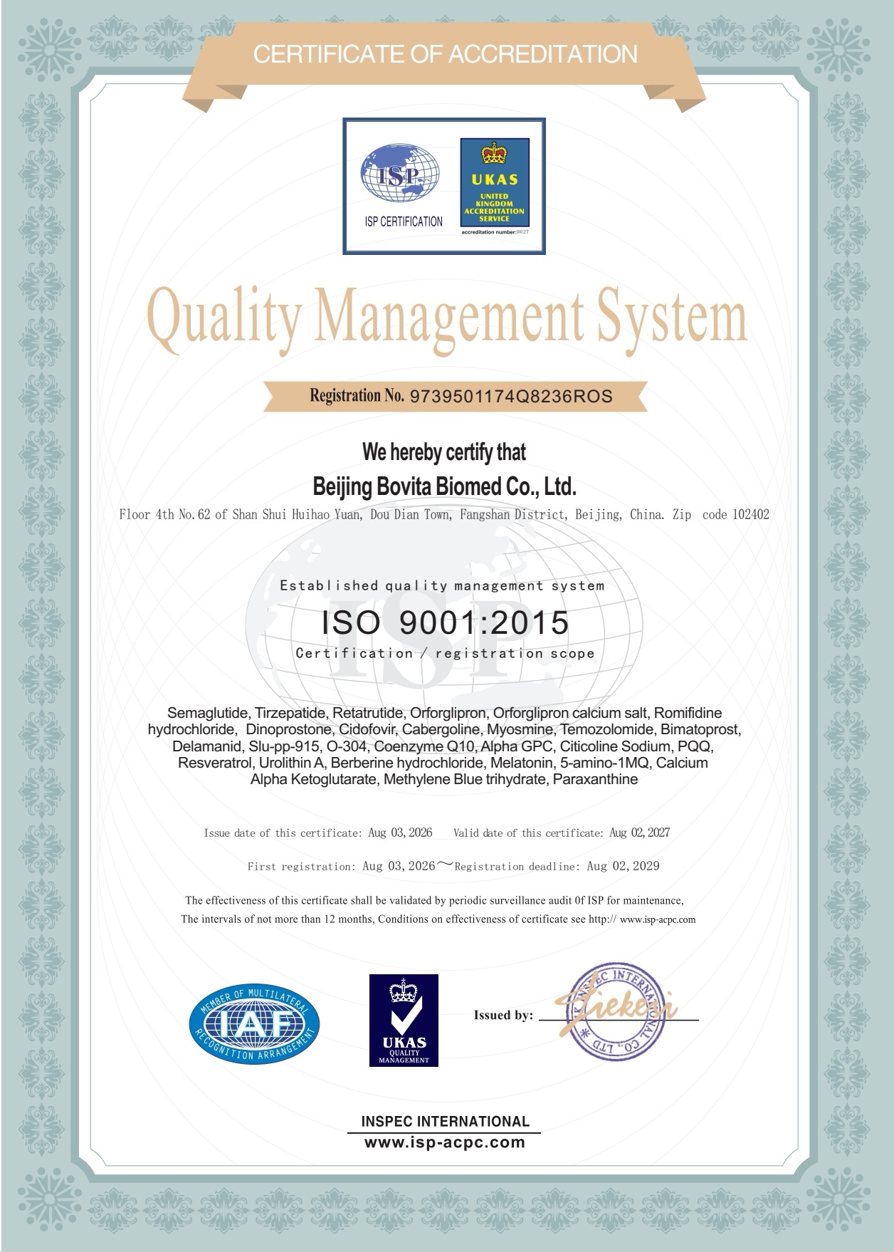 Beijing Bovita Biomed Co.,Ltd. Certifications