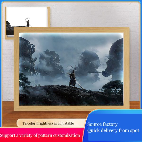 Black Myth Monkey King Light Wooden Frame Night Light for Fashionable Bedroom Decor