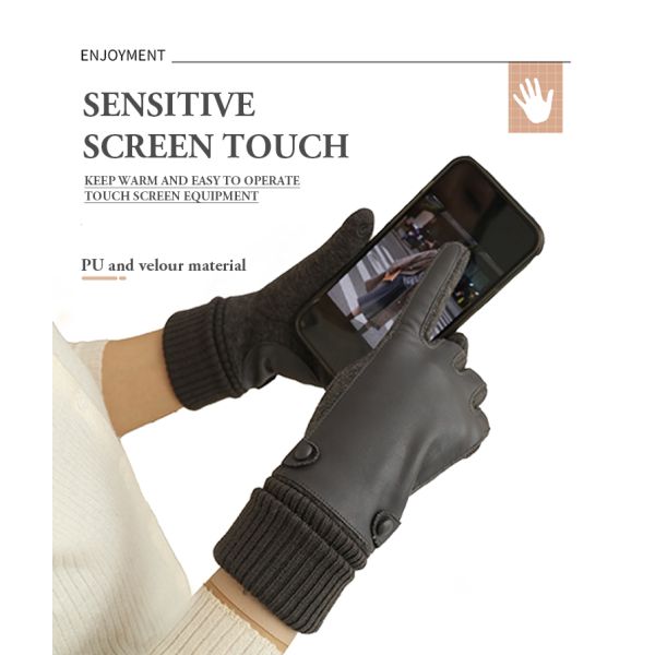 Black Color PU 22x16cm Winter Warm Gloves For Women