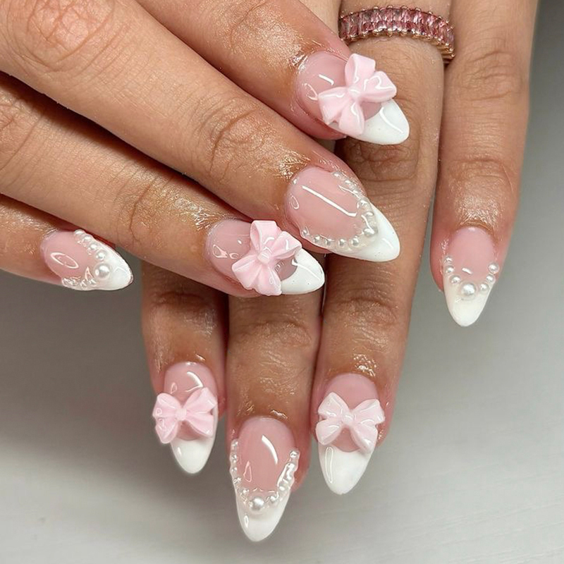 Pink White Almond Custom Press On Nails 3D Bow Pearl Edge Glossy