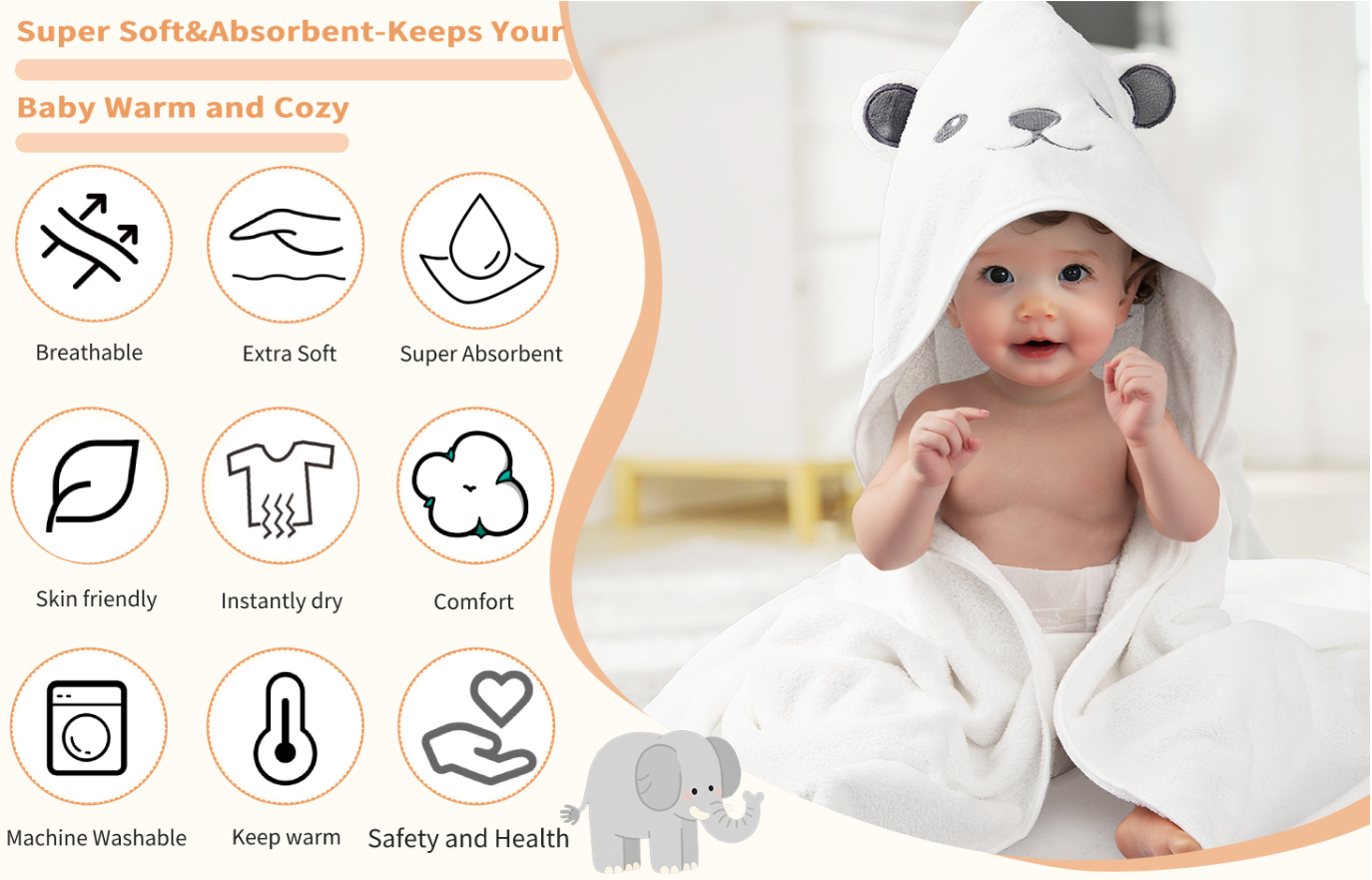 12 PCS Baby Bath Towels Set, 4 PCS Animal Hooded Baby Towels & 8 PCS Washcloths Set, Ultra Absorbent Cute Soft 