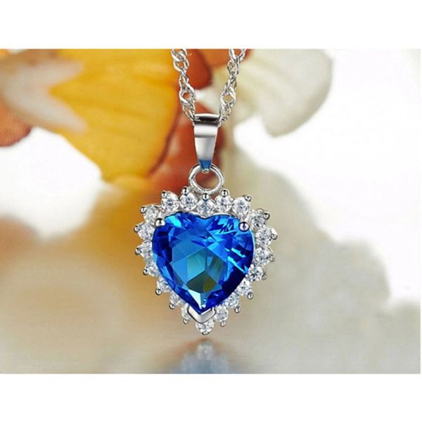 Sterling Silver Created Blue Topaz Heart Pendant Necklace for Women (N12281)