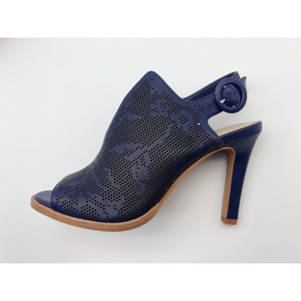 Ladies Genuine Leather Sandals Navy / Bone Open Toe High Heel Sandals