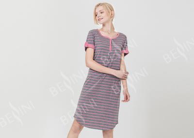 Polyester Cotton Jersey Ladies Night Dresses Sleepwear Short Sleeve Yarn Dyed Striped
