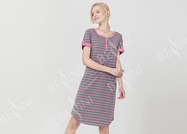 Polyester Cotton Jersey Ladies Night Dresses Sleepwear Short Sleeve Yarn Dyed Striped