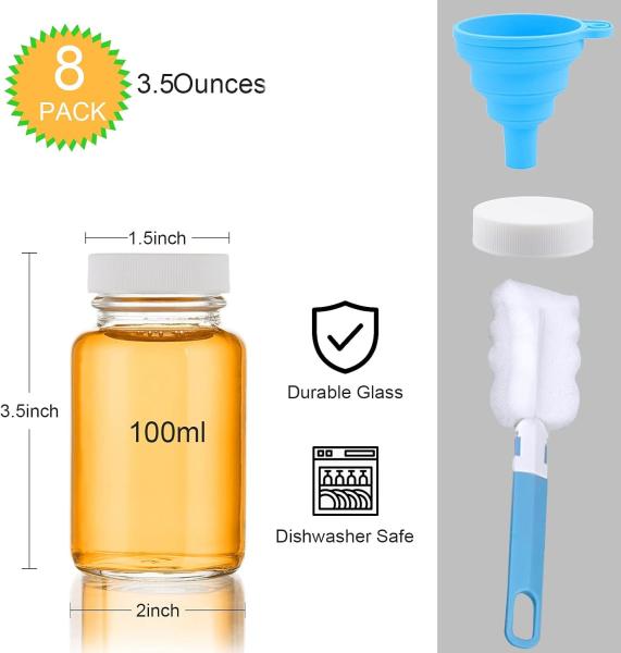 Glass Juice Shot Bottles With Caps - 8 Pack 3.5oz Small Clear Reusable Jars With Lids For Juicing Beverage Storage