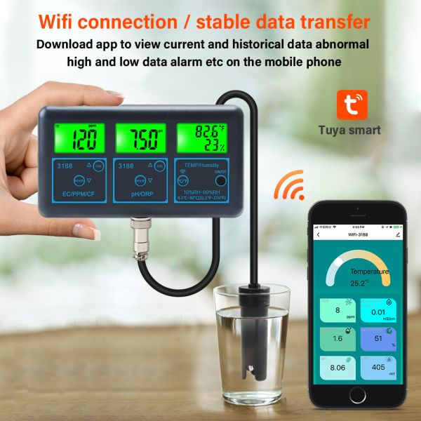 Online Digital PH Tester with 0.01-14.00pH Measuring Range -1200mV~+1200mV ORP and 0.1℃-80.0℃ Temperature Multi Function Water Quality Monitor