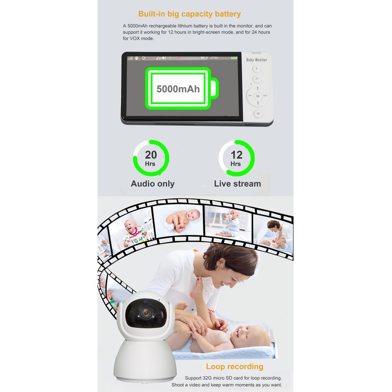 Smart Baby Pet Monitor PTZ Camera 5.0 Inch Screen Big Battery Sleep IR Night Vision Two-Way Audio Music Talk-Back