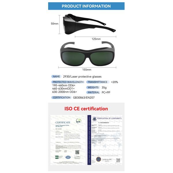 Laser glasses laser protection glasses Laser protective glasses certified laser protection lenses laserprotective sheet 190-460nm 460-630nm OD1+ OD6 630-2000nm for laser laser protective glasses