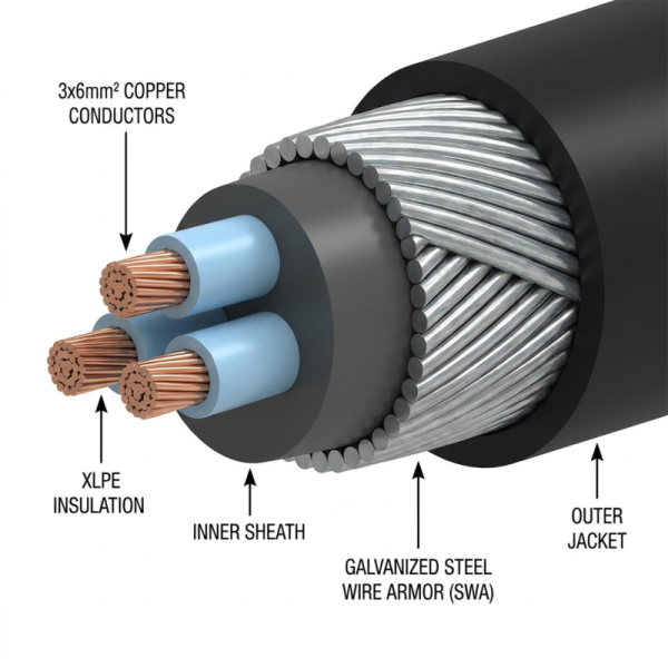 Copper Core XLPE Power Cable 0.6 1KV YJV32 3X6mm PVC Sheathed Electric Cable