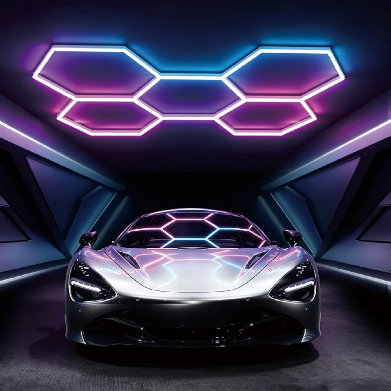 Connectable LED Hexagonal Light RGB Honeycomb Modular Panels for Garage Gym Workshop and Office Ceiling Lighting Applications
