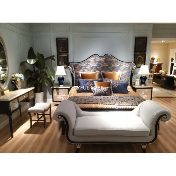 Luxury New Classic Bedroom Furniture set King Bed black finish Wood and Culture Fabric Headboard factory direct Price