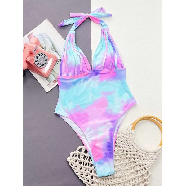 V Neck Ladies One Piece Swimsuit Tie Dyed Sexy Swim Wear One Piece Women Bikini