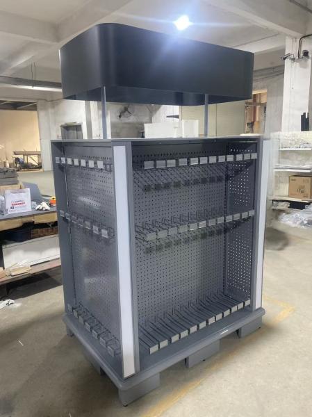 AT-238  4 - Sided Perforated Metal Display Rack with Graphic Header - Custom Metal Display Rack for Retail Stores