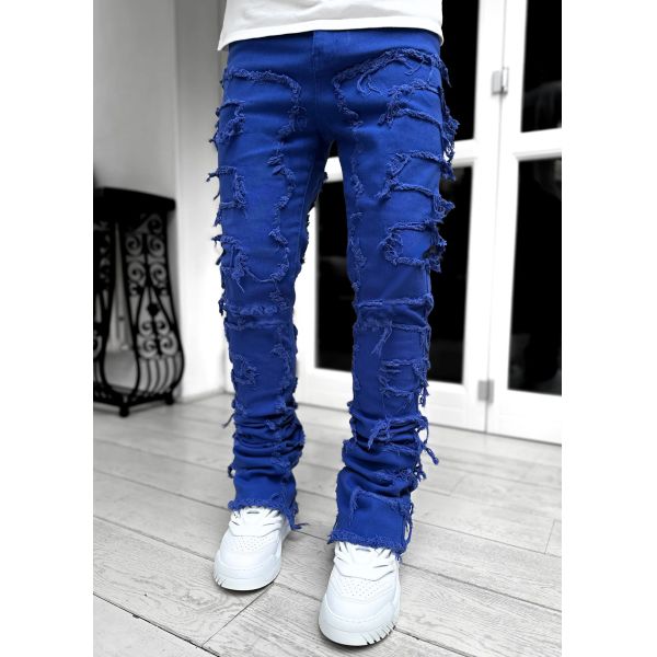 Street Style Men's Boot Cut Light Blue Damaged Tassel Applique Jeans Spandex/Cotton
