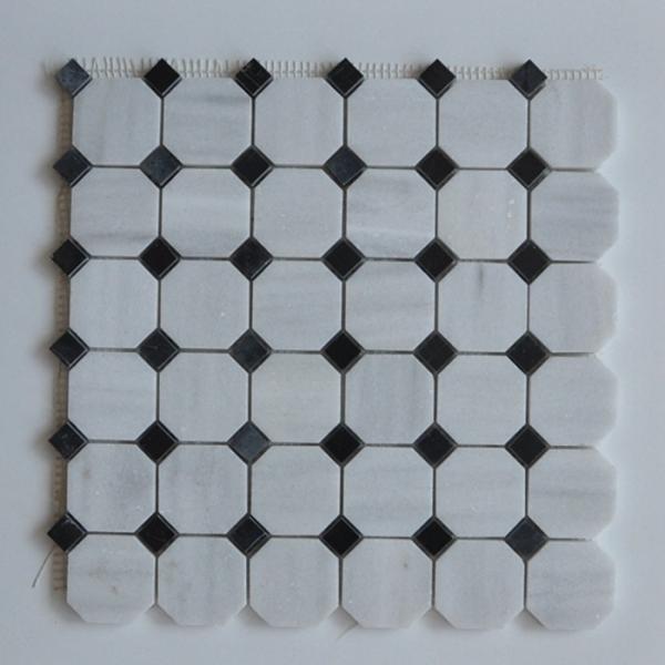 Arabescato Carrara White Italian Stone Mosaic Tile With Octagon Black Dots