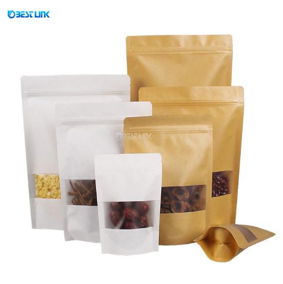 White Kraft Paper Food Packing Standing Pouch Foil Brown Paper Bags with Clear Window