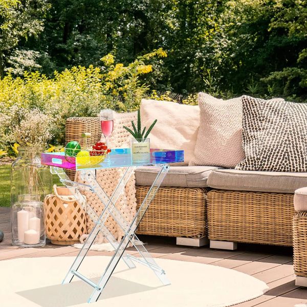 Nordic Style Rectangular Acrylic Folding Table Iridescent Rainbow Lucite Side Table