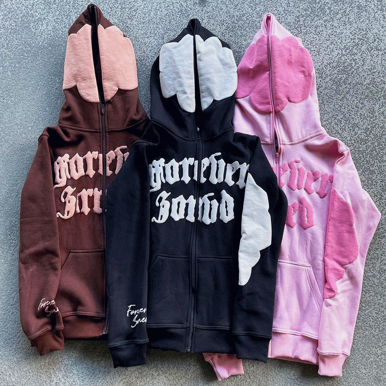 Men'S Hoodie Full Face Zip Up Hoodie Puff Print Brown Heavyweight French Terry Fabric