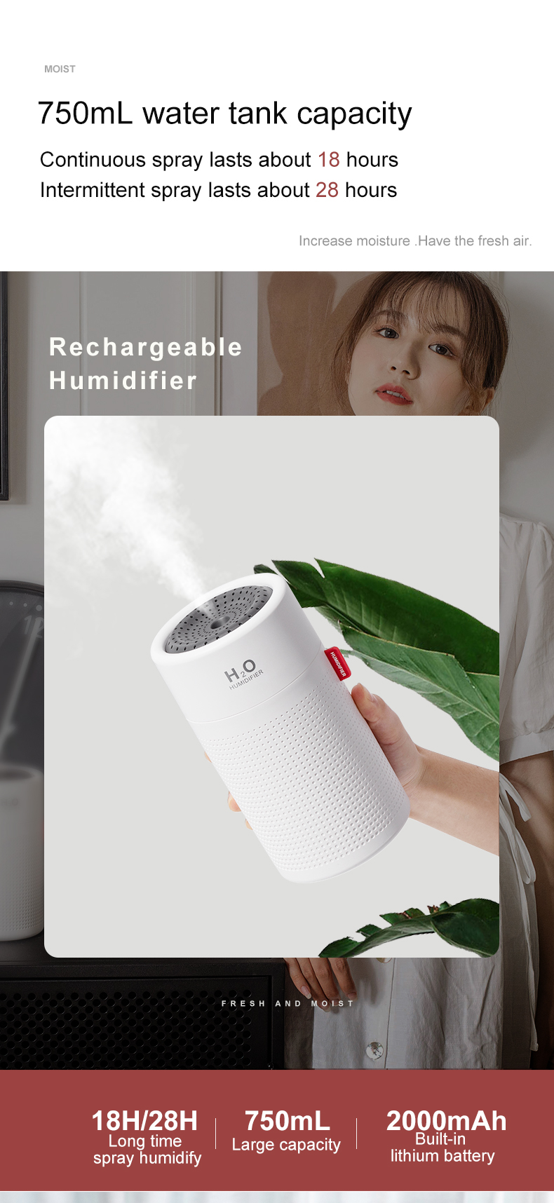 Отражетель ароматности воздуха 2000mAH портативного перезаряжаемые увлажнителя USB 750ml ультразвуковой
