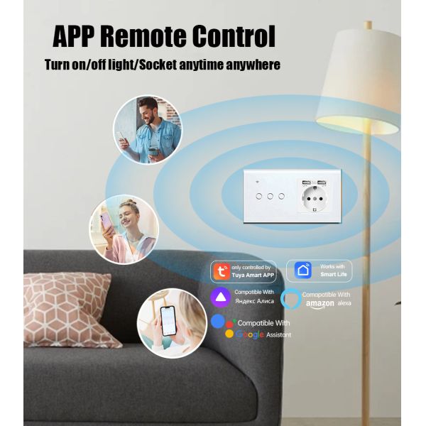 WiFi Touch Switch Socket Smart Home Panel with No Neutral Wire 16A High Power and Dual USB Ports