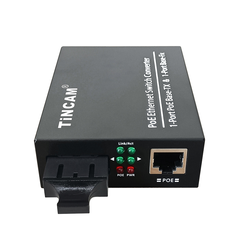 TiNCAM 10/100Mbps 1 Fiber 1 PoE Port Fiber Media Converter IEEE 802.3af/at 20km