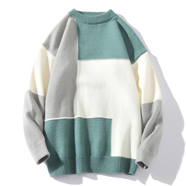 Acrylic Men Crew Neck Sweater White Black Green Color Block Knitted Oversize Sweater