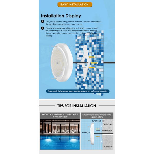 Underwater Swimming Pools Lighting Surface Mounted Resin Filled IP68 AC12V ABS+PC RGBW SMD2835