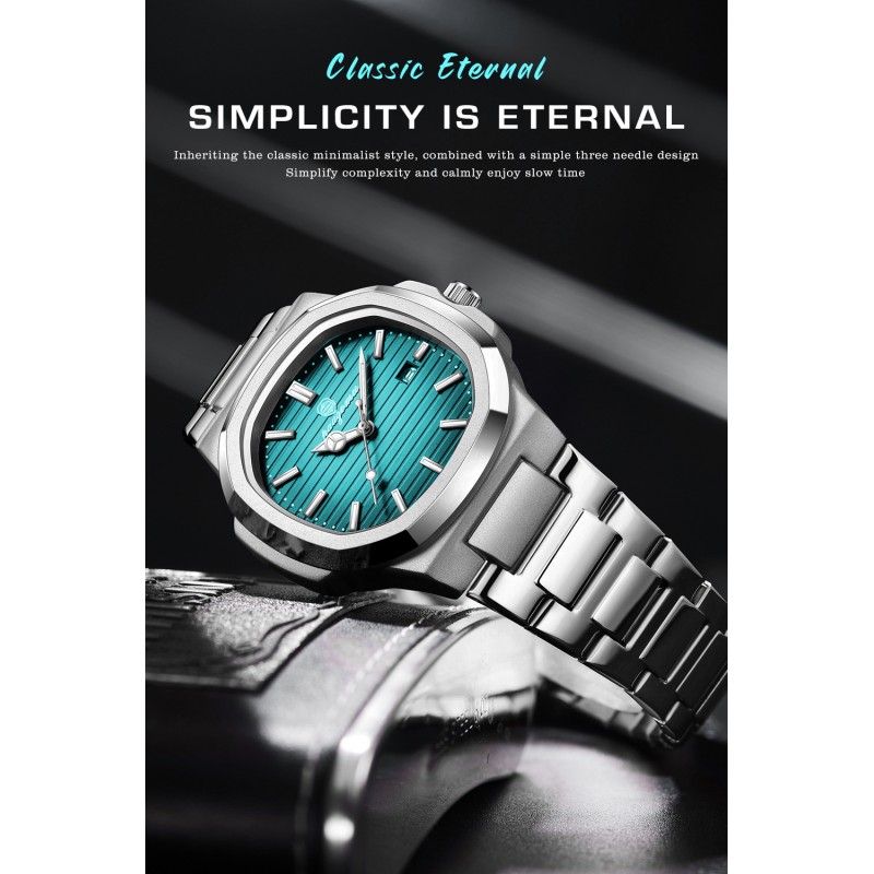Men's Square Nautilus Style Automatic Watch – Tapestry Dial Steel Bracelet
