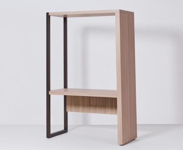 American Springhill suites hotel HPL oak finish metal frame free standing writing desk unit with power outlet
