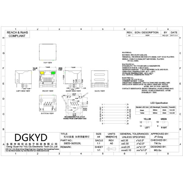Single Port RJ45 shielded jack without transformer,10/100/1000BASE 8p8c connector