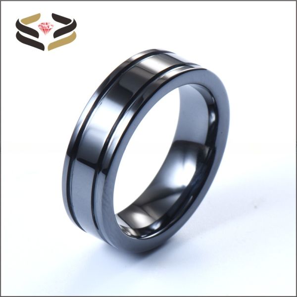 Bandas de boda de cerámica negra geométrica con doble ranura de 6 mm para hombres mujeres