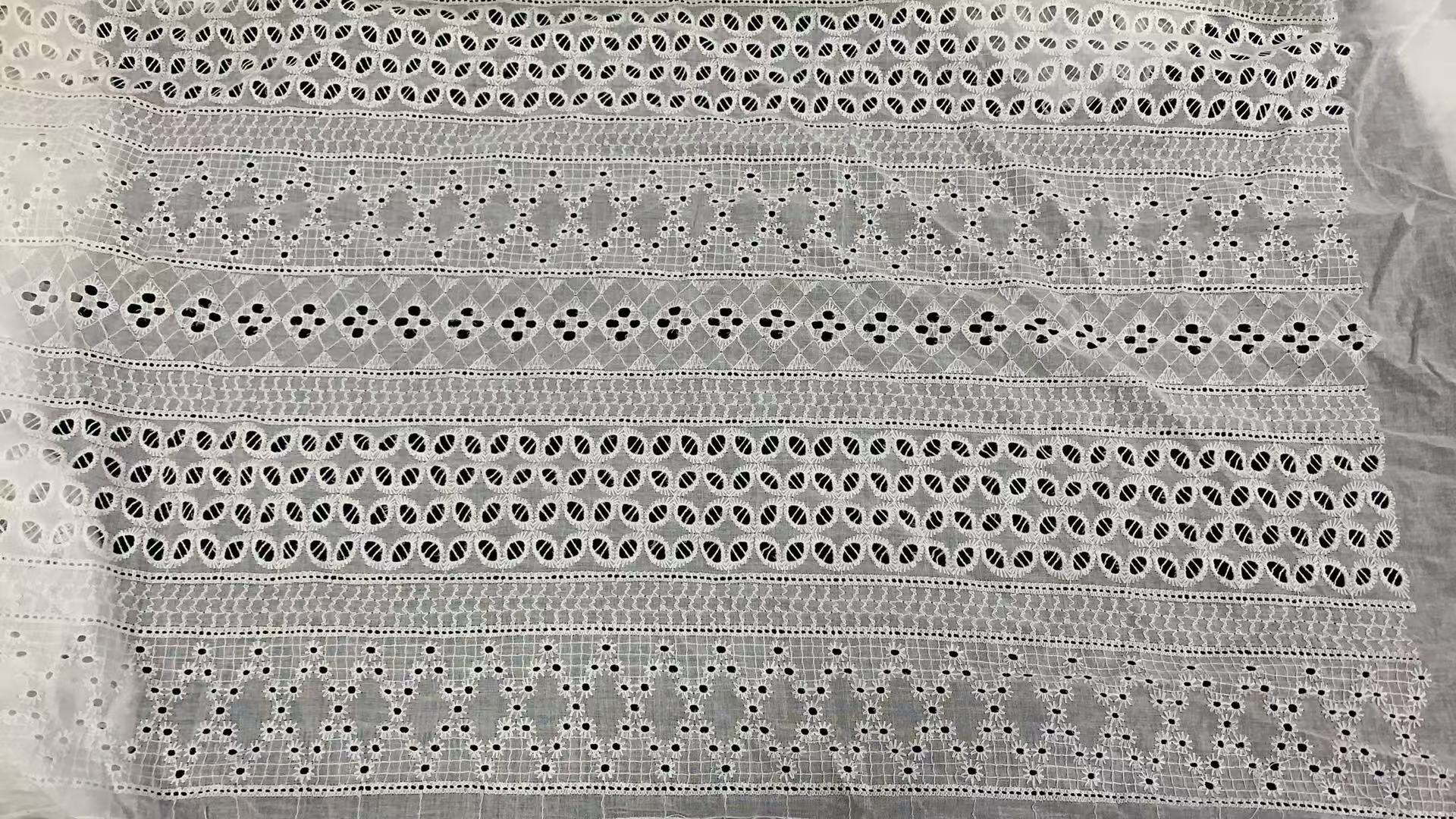 Soft 100% Cotton Horizontal Striped Eyelet Embroidery Fabric, Geometric Diamond Oval Hollow Cutwork Lace for Summer Dress Blouse