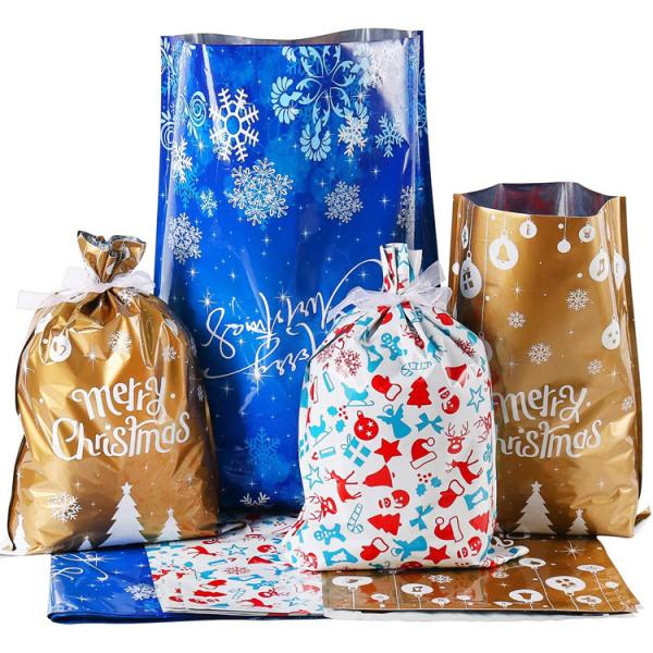 Christmas Xmas Presents Party Favor Foil Drawstring Gift Bags For Goodies