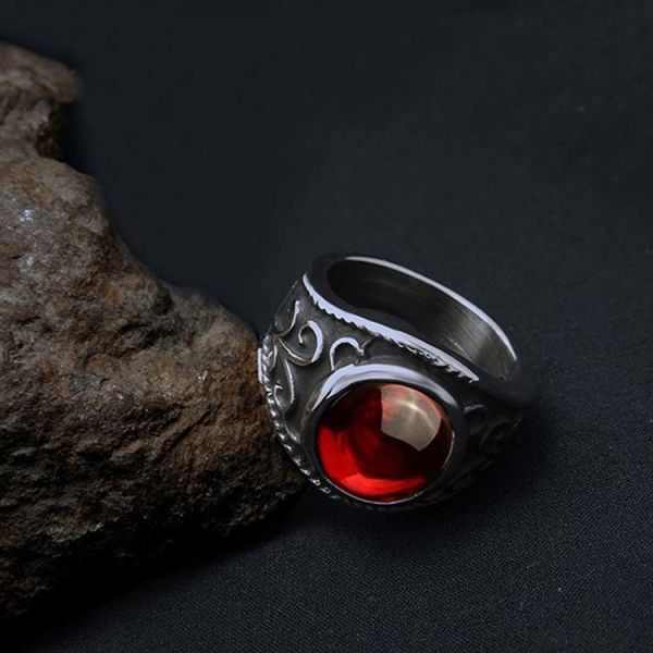 Men's Titanium Stainless Steel Vintage Ring with Red Cubic Zirconia (SA704)