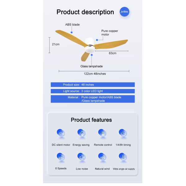1stshine LED Ceiling Fan Low Ceiling DC Motor 3 Color Blades Impressão de Transferência de Água
