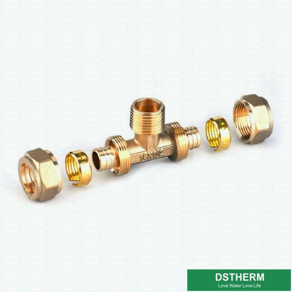 O homem rosqueou os encaixes que de Pex do T os encaixes de bronze do parafuso da cor personalizaram projetos e peso