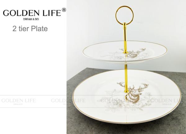 Tableware Two Tier Ceramic Fruit Plates With Gold Metal Stand Wapiti Pattern