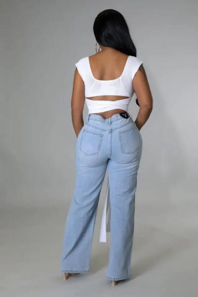 Fashion Loose Light Blue Denim Pants Wide Leg Ripped Jeans For Women
